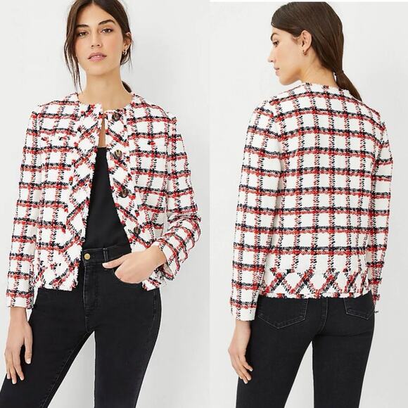 Ann Taylor Plaid Fringe Tweed Blazer Size 14 Preppy Elegant Boucle Chic Jacket - Picture 1 of 11